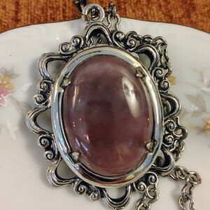 Vintage Genuine Pink/Purple Stone Cabochon Pendant Silver Tone Necklace